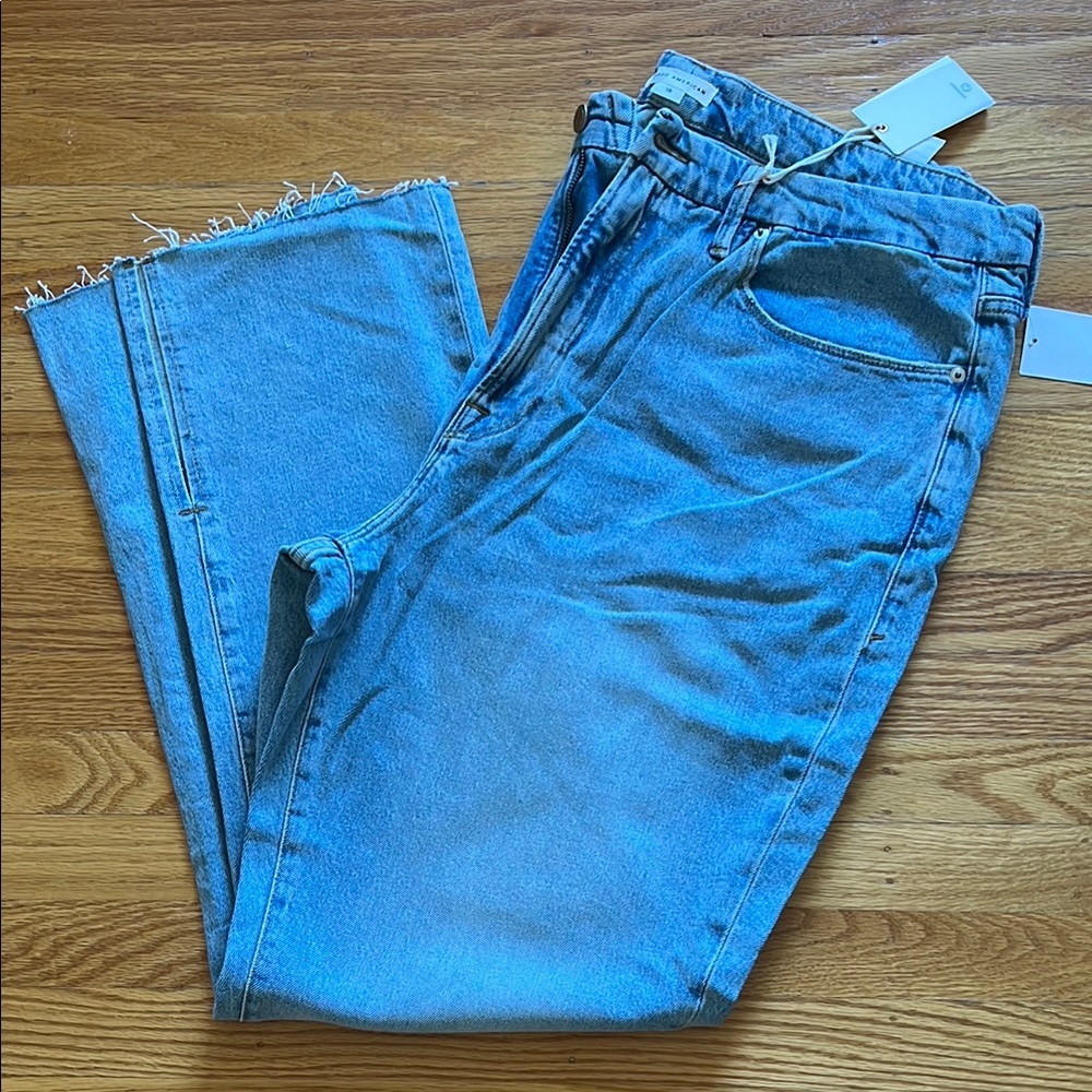 Good American Blue Straight Leg Jeans with Distressed Hem